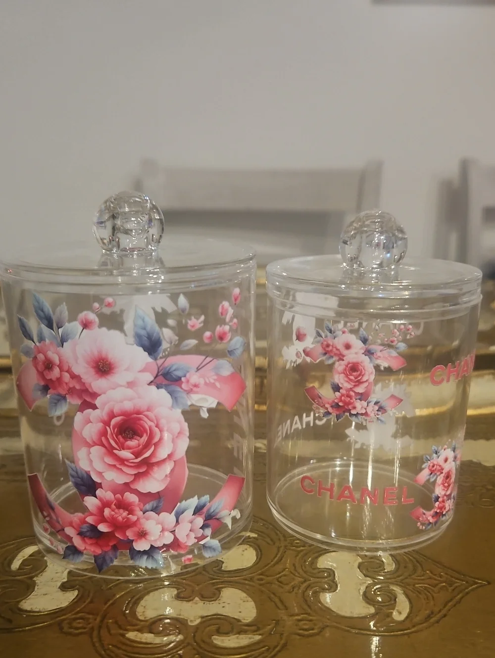 Clear Canister Set with Pink Floral Print New